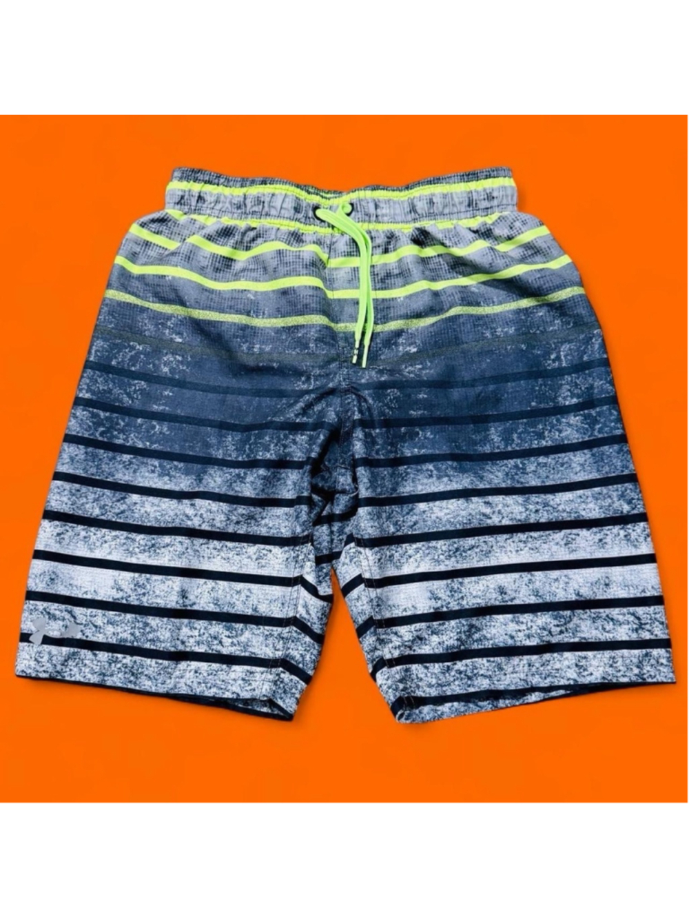 Under Armour Youth Large Gray Striped Swim Trunks Neon Green Board Shorts YLG